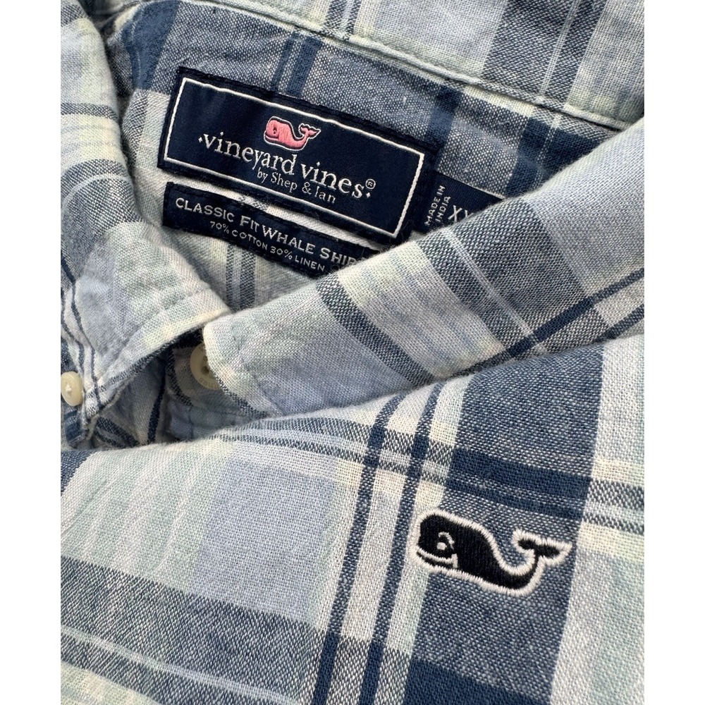Vineyard Vines Mens Classic Fit Whale‎ Shirt Cotton Linen Blue Plaid XXL